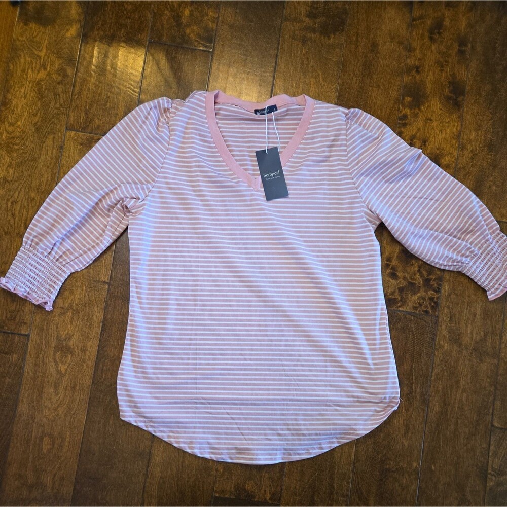 Sampeel quarter sleeve blouse white pink striped  v-neck shirt size Large